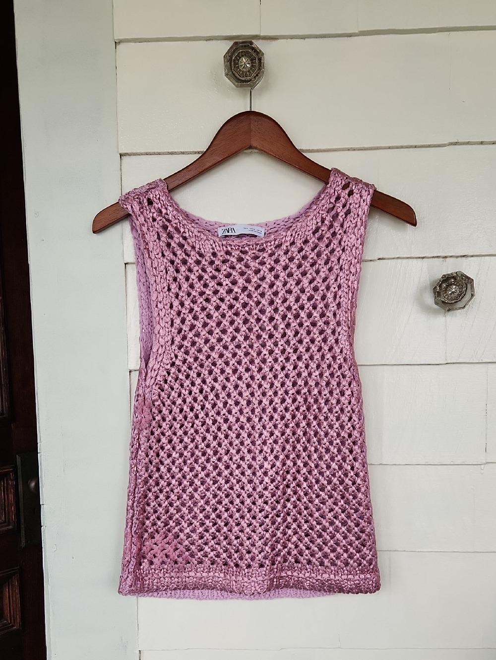Zara Pink Open-Knit Sleeveless Top With Metallic Shine Size Small